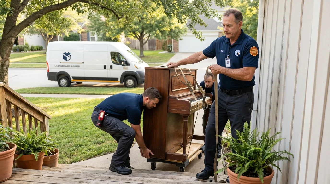 Licensed piano movers securing grand piano in Winnsboro, TX