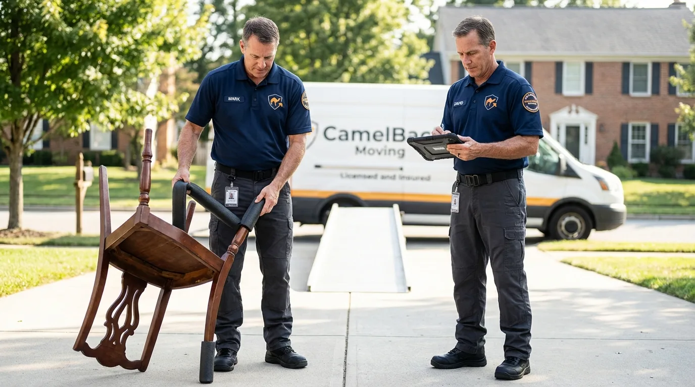 Movers inspecting furniture for damage prevention before loading in Winnsboro, TX
