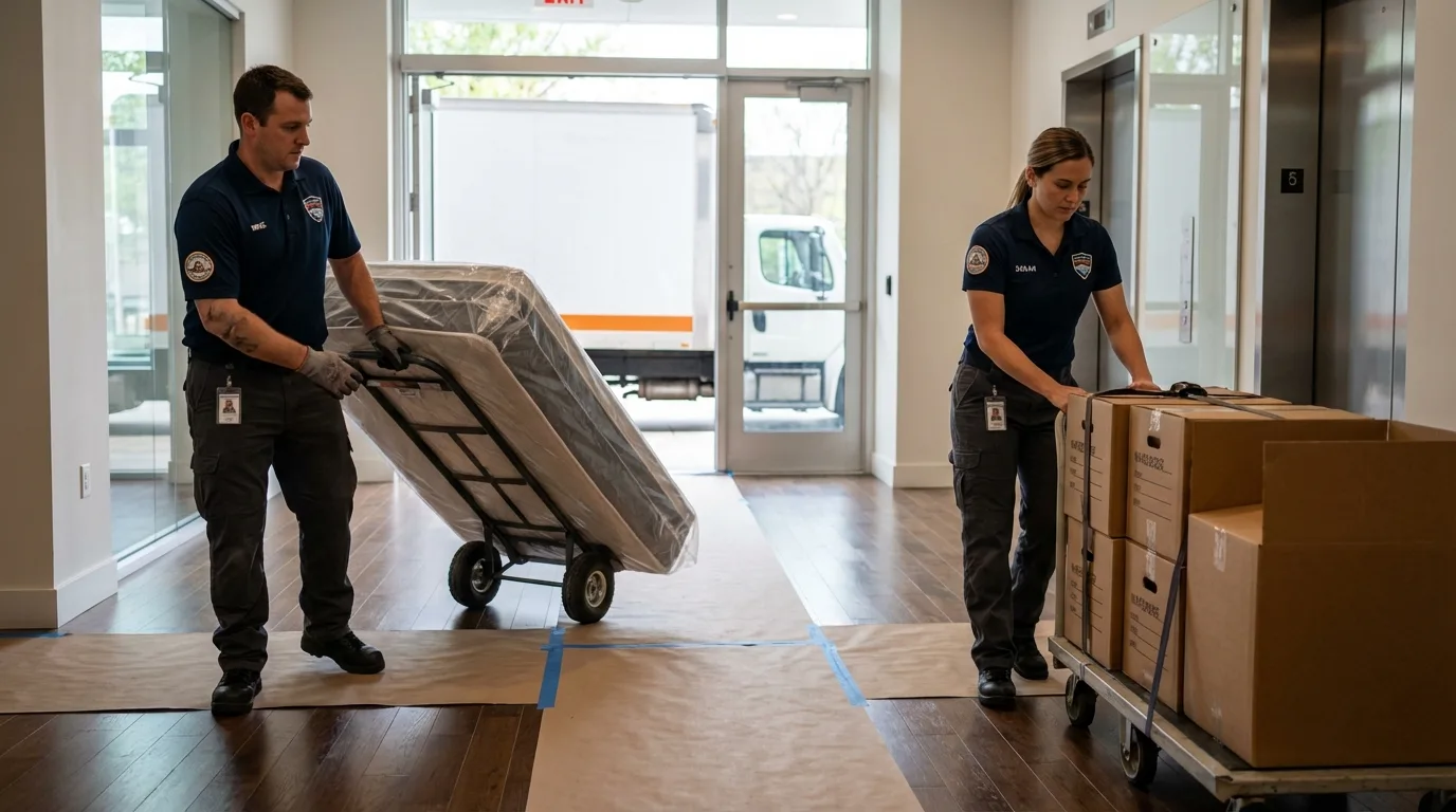 Professional apartment movers loading elevator in Winnsboro, TX