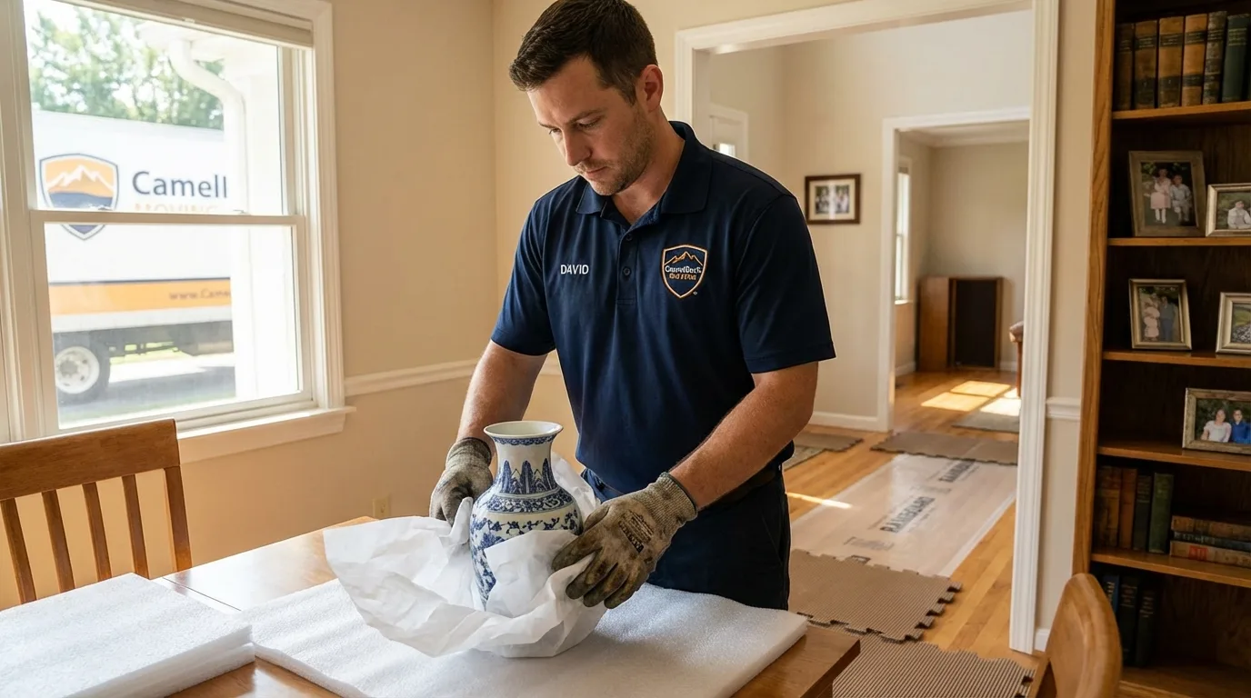 Professional crew carefully wrapping antique vase for senior downsizing move in Winnsboro, TX